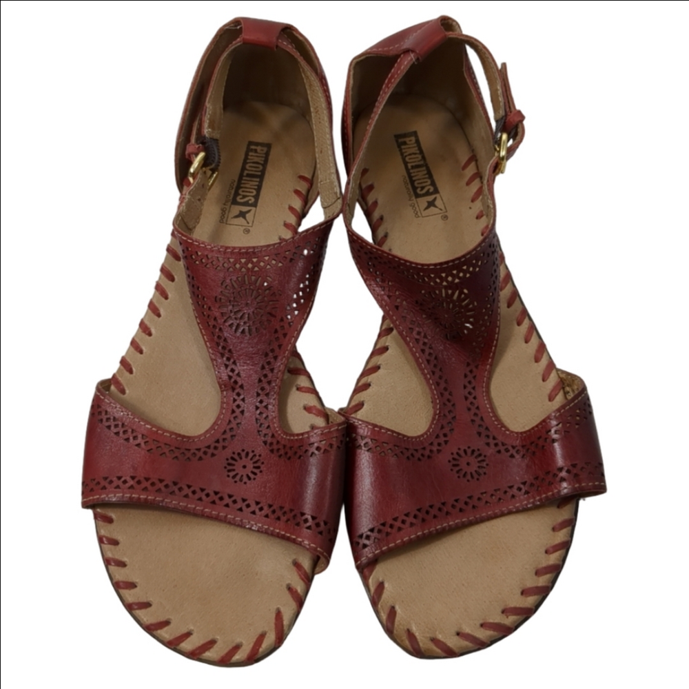 Pikolinos Womens 40 Sandals Brown Leather Ankle Strap Floral Perforated Shoes